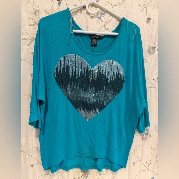 Miss Chievous Teal Sequin Heart Long Sleeve Top - Picture 1 of 6